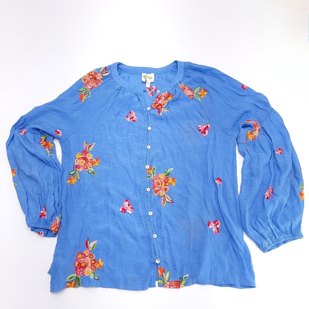 Fig and Flower Anthropologie Top Women Large Blue‎ Embroidered Floral Button Up